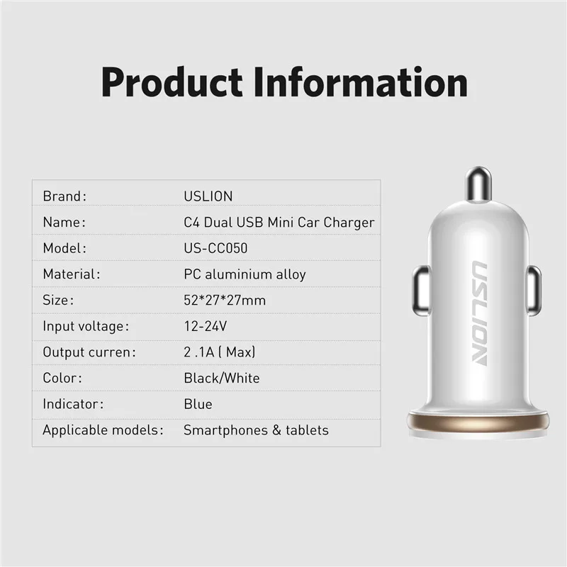 Автомобильное зарядное устройство USLION с двумя USB для мобильного телефона