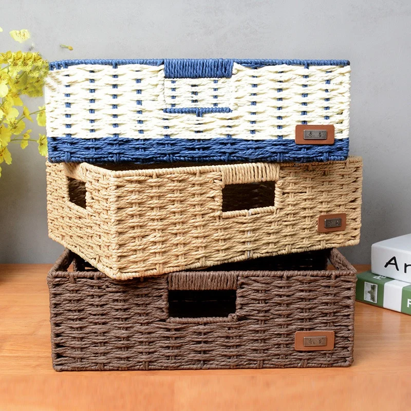 Baskets organizer straw storage snack drawer boxes paper string weave basket hand made craft steel frame household | Дом и сад