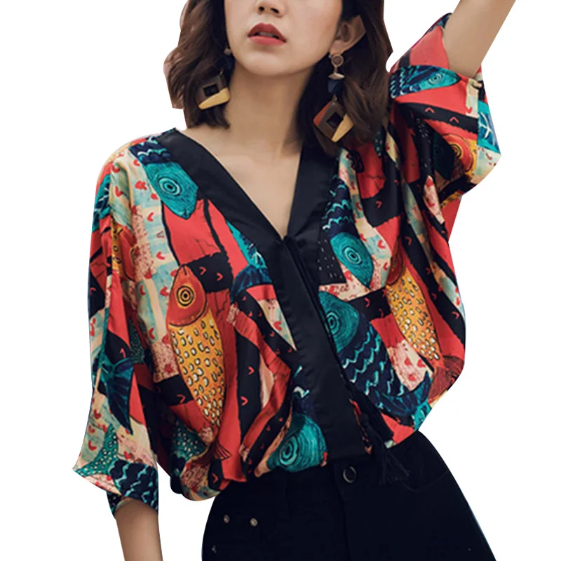 Женские блузки в стиле Харадзюку С V образным вырезом и принтом рубашки винтажные