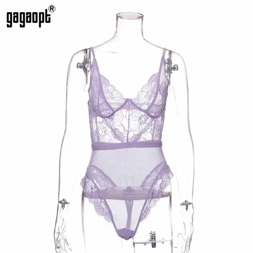 Gagaopt, 8 цветов, Кружевное боди для женщин, Цветочная вышивка, белый/черный, сексуальное боди с открытой спиной, Сетчатое боди, комбинезон, комбинезоны - Цвет: Фиолетовый