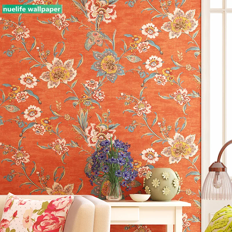 

American Country Vintage Style Orange Red Garden Flower Wallpaper Bedroom Wedding Room Living Room TV Background Wallpaper