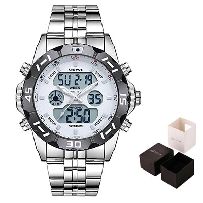silver white withbox Stryve 8011 Relojes брендовые водонепроницаемые военные спортивные часы мужские Цифровые кварцевые часы из нержавеющей стали с двойным дисплеем montre homme - Цвет: silver white withbox