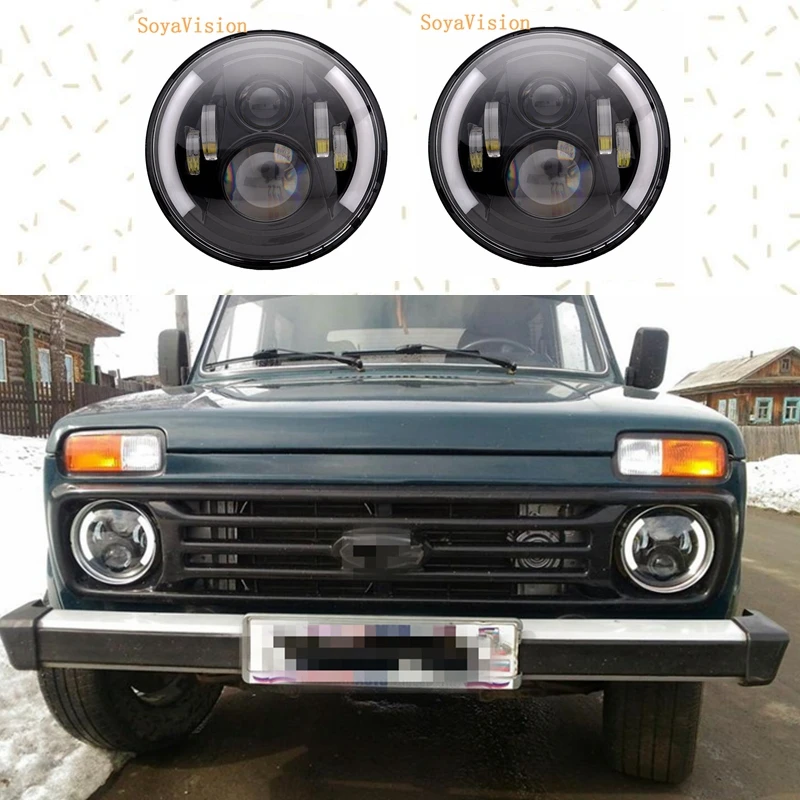 Для lada niva 4x4 7 дюймов Круглая светодиодная фара Halo Ring Angel Eye DRL Янтарный поворотный