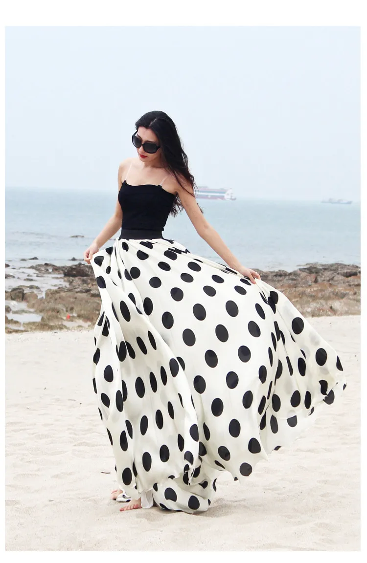 Женская летняя длинная шифоновая юбка в горошек с высокой талией большого