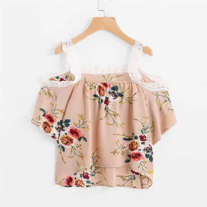 Женская кружевная блузка с цветочным принтом Повседневная Блузка открытыми