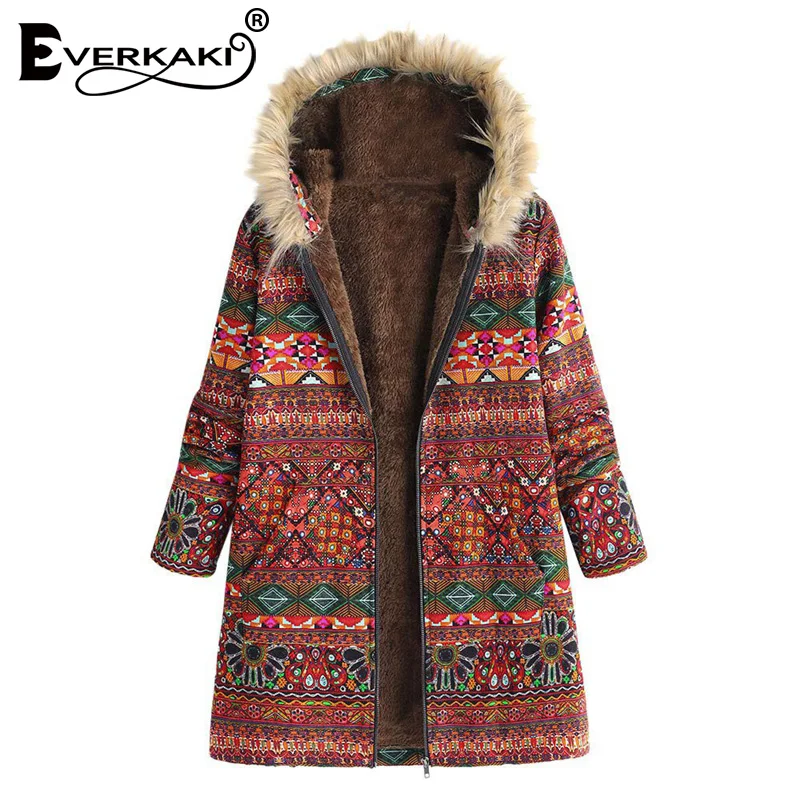 Everkaki Boho бархатные куртки пальто для женщин толстая молния с шапкой теплые плюс
