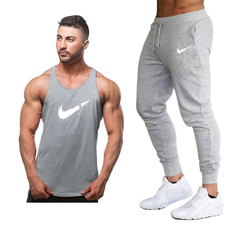 Bodybuilding new vest men's LOGO printing + pants sports tight high elastic brand sportswear summer suit | Мужская одежда