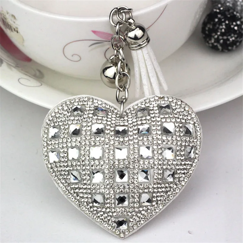 11 Fashion Keychain Heart Shape Female Full Glass Beads Key Covers Mosaic Leather Fringed Key Chain Car Ring Cap Gift - Color: 11