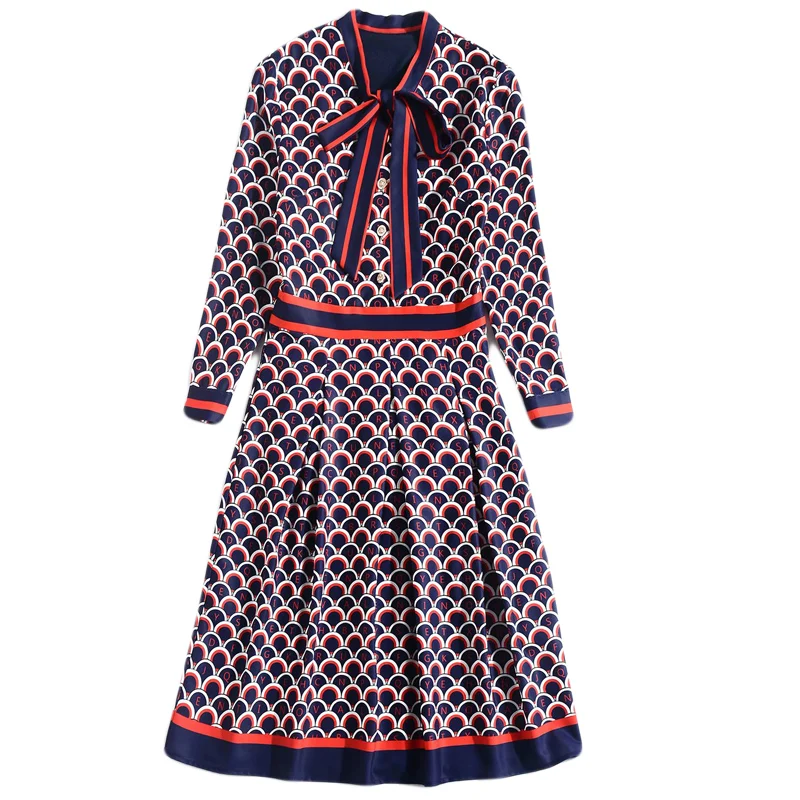 Plus Size High Quality Autumn New Women'S Fashion Work Party Boho Beach Vintage Elegant Chic Fish Scale Print Long Sleeve Dress