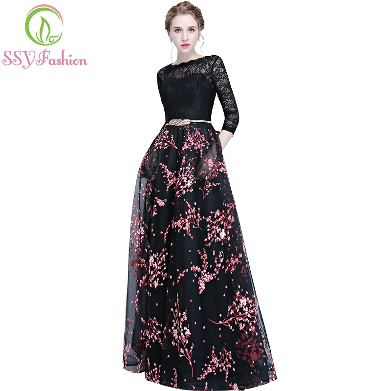 Ssyfashion новинка, вечернее платье, для банкета элегантный черный кружева шить 3/4 с длинными рукавами длиной до пола длинное платье на выпускной вечерние Robe De Soiree