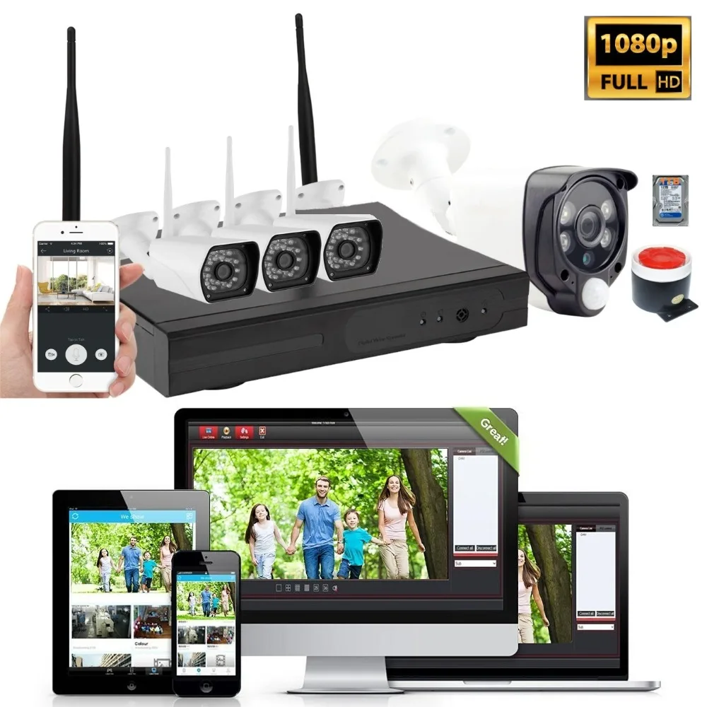 

1080P 4 канала WiFi беспроводная стандартная система видеонаблюдения NVR Kit PIR датчик движения видеомонитор с сиреной сигнализации 1 ТБ HDD