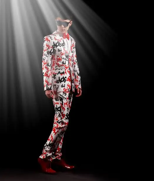 

Mens Suits Set Bar nightclub loaded DJ male singer GD trend Slim European and American art letter suit costume Groom wedding