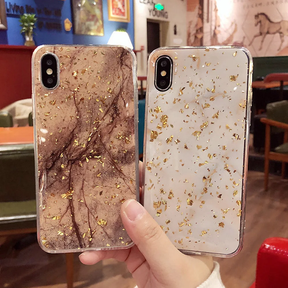Gold Foil Bling Marble Phone Case For iPhone 6 7 8 Plus X XR XS Luxury Glitter Soft TPU with Film |
