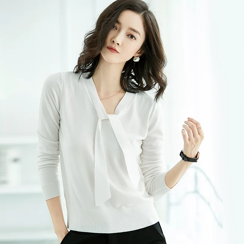 womens top Cotton kintting long sleeve V-neck sweater cashmere blended all match tee white black n t shirt women bts | Женская одежда