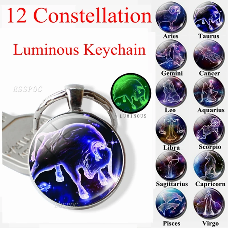 

12 Constellation Keychain Zodiac Signs Key Chain Luminous Glass Cabochon Jewelry Aries Leo Taurus Libra Pendant Birthday Gift