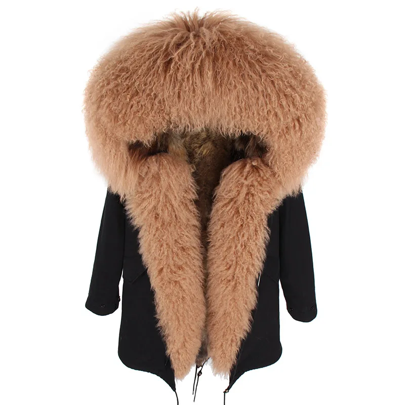 2020 Winter Jacket Women Coat Real Natural Mongolia Sheep Fur Collar Hood Raccoon Liner Thick Parkas Detachable Outerwear | Женская