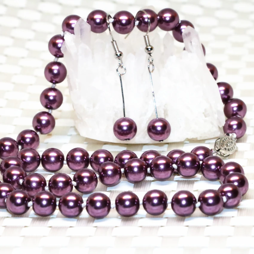 8 мм фиолетовые круглые бусины из искусственного жемчуга ожерелье серьги поп-подарки на свадьбу вечеринку Бесплатная доставка ювелирные изделия 18 дюймов B2359