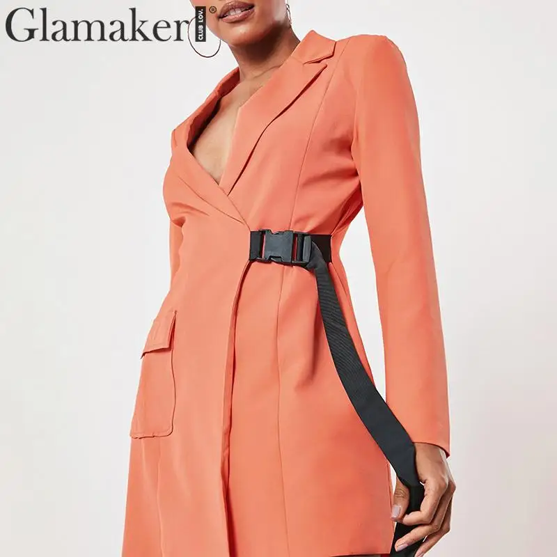 Glamaker V шеи белый пояс Женский блейзер платье осень сплошной длинный рукав Повседневная куртка Женская Офисная Леди Элегантный Блейзер платье