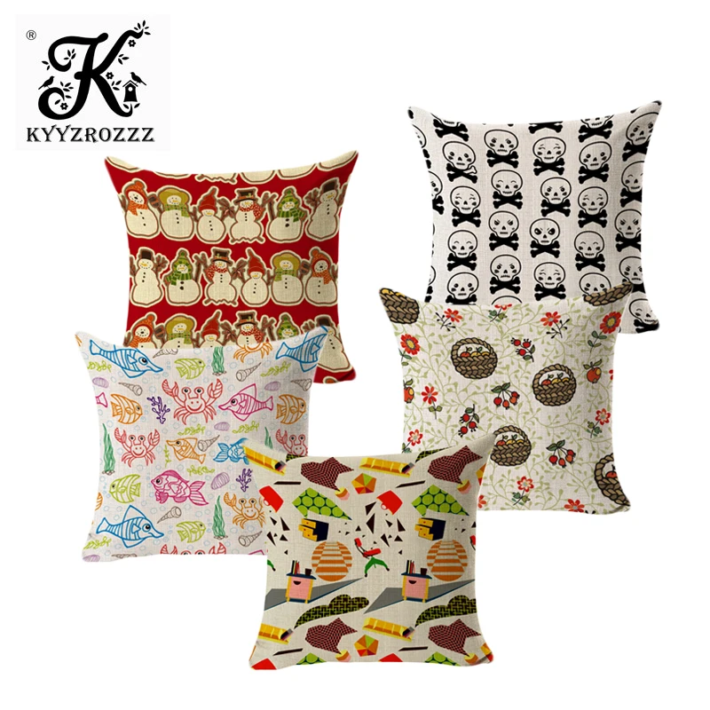 

Cartoon Pattern Decorative Cushion Covers Plain Weave Cotton Linen Home Decor Pillow Case Square Waist Pillow