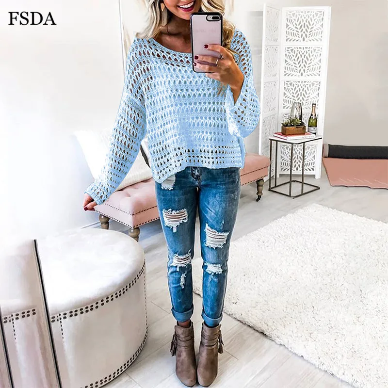 Женская ажурная блузка FSDA белый вязаный свитер с круглым вырезом и длинными