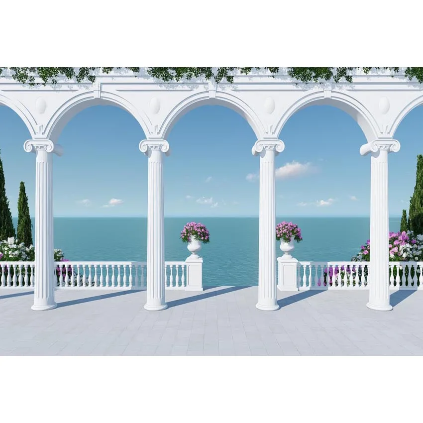 

7x5ft White Greek Columns Arch Platform Sea View Custom Photo Studio Background Backdrop Vinyl Banner 220cm x 150cm