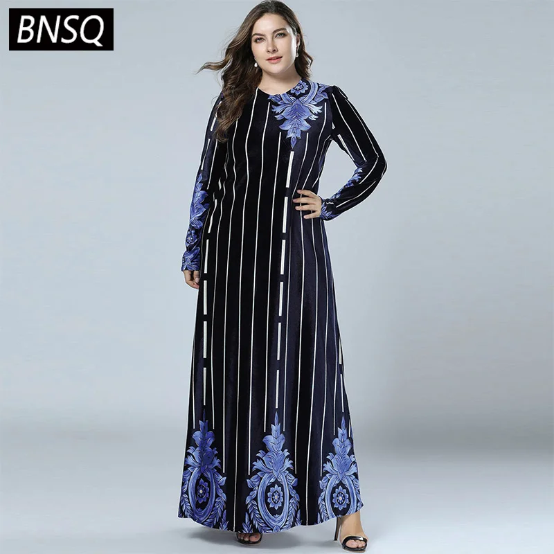 BNSQ Spring 2019 Stripe Patchwork Print Velet Dresses Navy Blue Long Sleeve Round Neck Maxi Dress Women Elegant Casual New | Женская