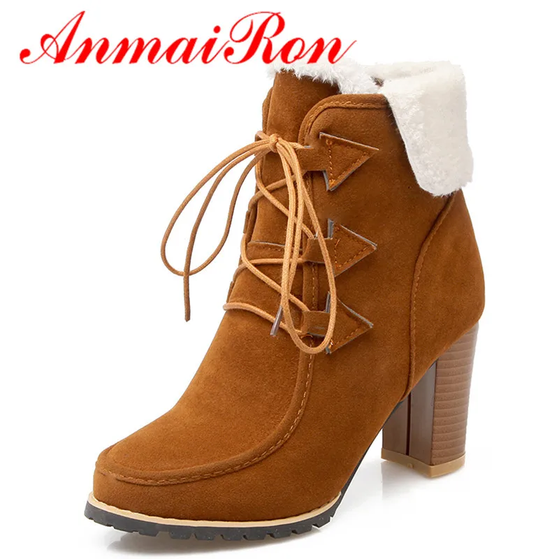 

ANMAIRON женские ботильоны на высоком каблуке на шнуровке с круглым носком женские ботинки модная светло-коричневая обувь женские сапоги больш...