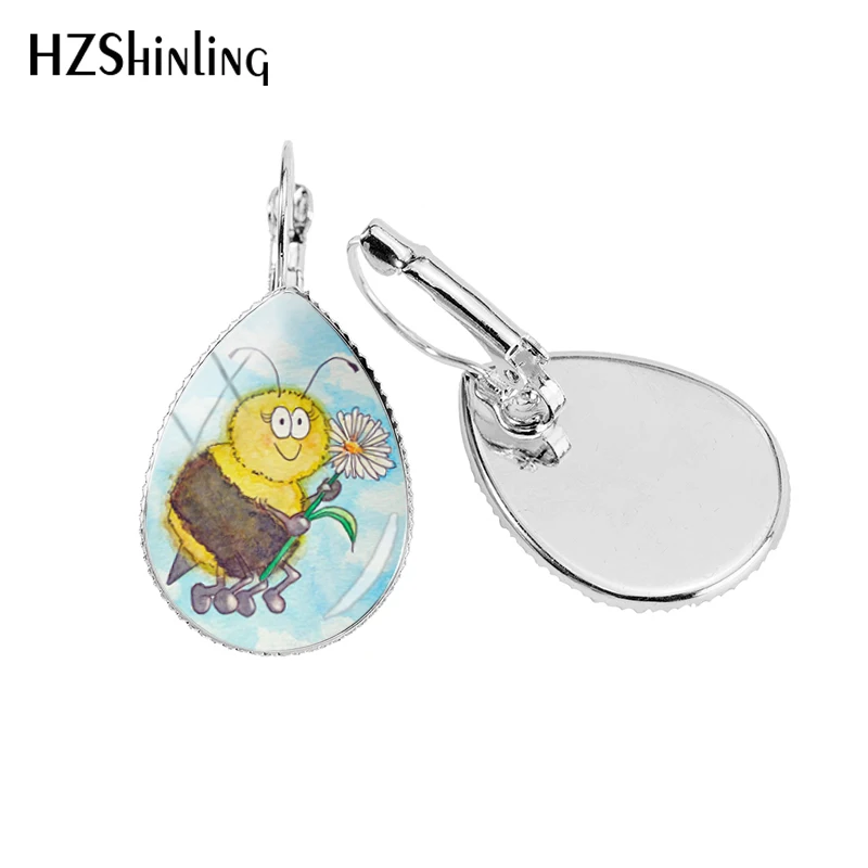 2019 New Bumble Bee Tear Drop Earring Honey Bees Photo Ear Clips Art Glass Dome Handmade Earrings Jewelry | Украшения и