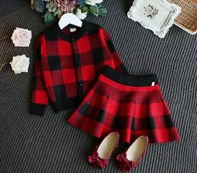 2PCS 2 шт./2-6years/Демисезонный маленьких Комплекты модной одежды для девочек Повседневное мода плед вязаный Пальто для будущих мам кардиган+ юбка детская одежда bc1029 - Цвет: 2PCS