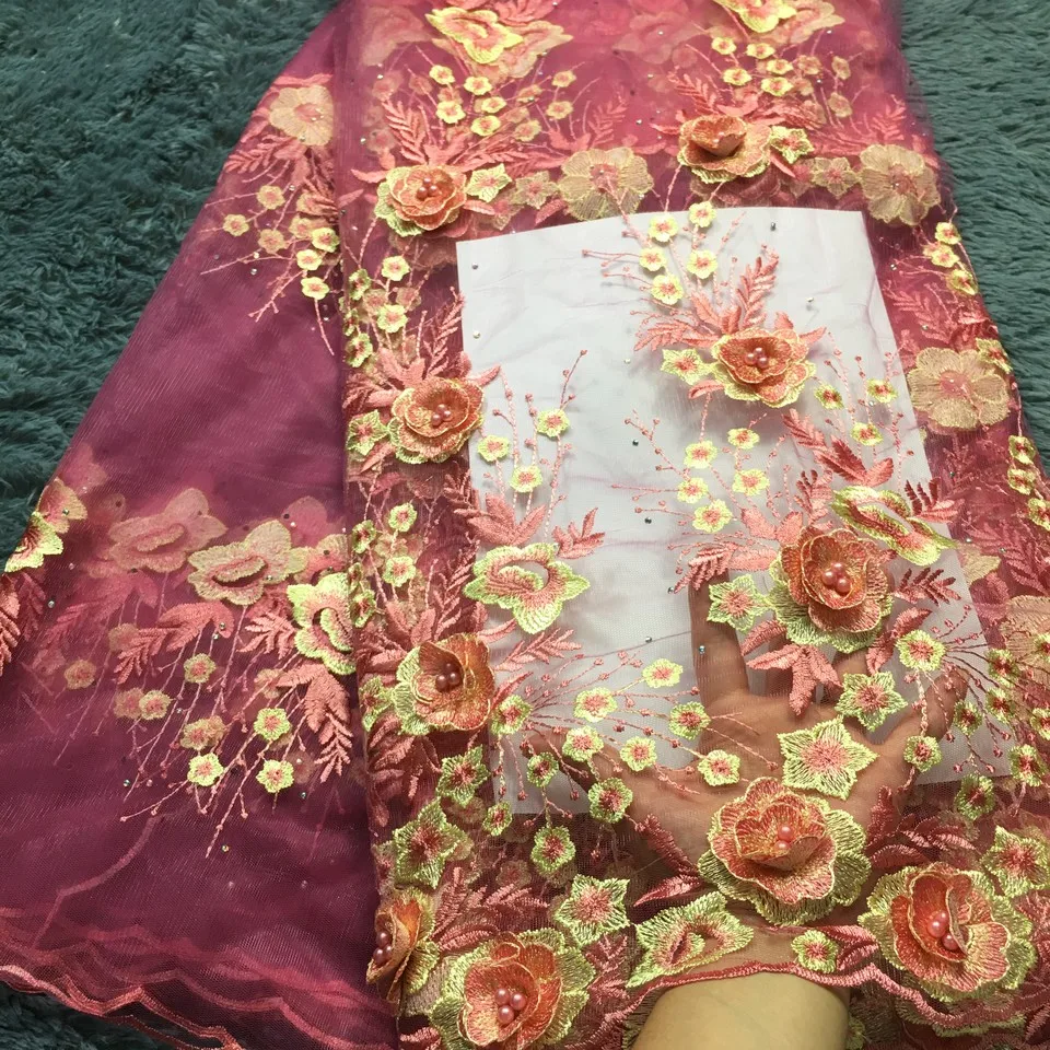 

3D Applique African Lace Fabric, Beautiful Wine Embroidered Tulle Lace Fabric, Handmade Beaded Heavy Lace AMZ29