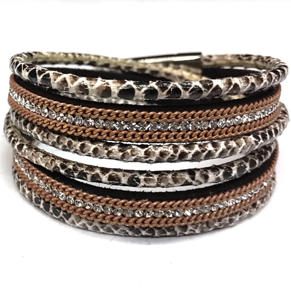 Женский браслет из змеиной кожи с двойной застежкой и кристаллами | Украшения