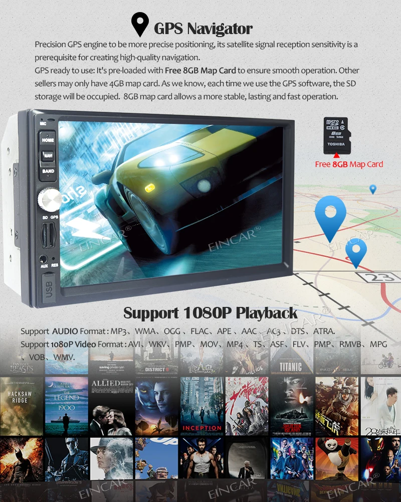 EinCar 7 дюймов сенсорный экран автомобиля MP5 плеер gps навигация стерео 2 Din Bluetooth FM