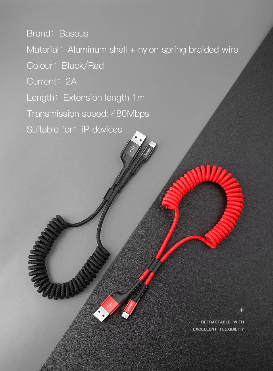 Baseus пружинный USB кабель для iPhone XR Xs Max автомобильный кабель нейлоновый Плетеный Выдвижной зарядный кабель для iPhone X 8 7 6 6s Plus шнур