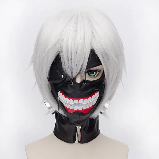 Высокое качество аниме Токийский Гуль Kaneki Кен парики короткие прямые серебряные термостойкие синтетические волосы косплей парик+ маска - Цвет: Wig and Mask
