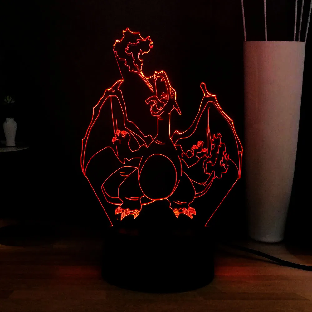 Cool Charizard RGB 7 цветов 3D иллюзия светодиодный ночник светильник Покемон USB