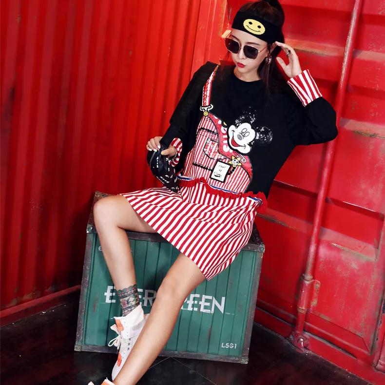 Autumn New Design Cartoon Sequins Long Sleeve Tees High Street Faux 2pcs Stripe Pullovers Big Size Casual Above Knee Dress | Женская