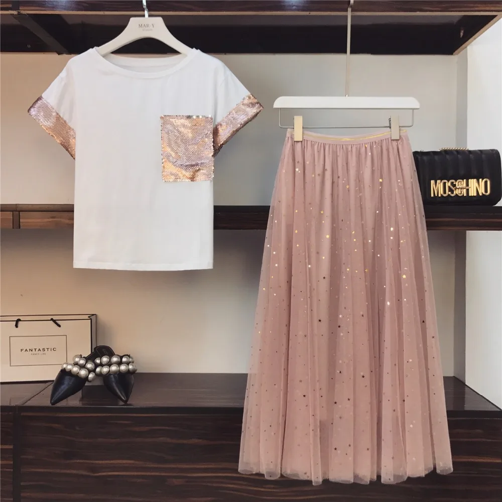 Amolapha для женщин Sequinss карман хлопковая футболка+ фатиновая сетчатая юбка 2 шт. комплект одежды костюмы