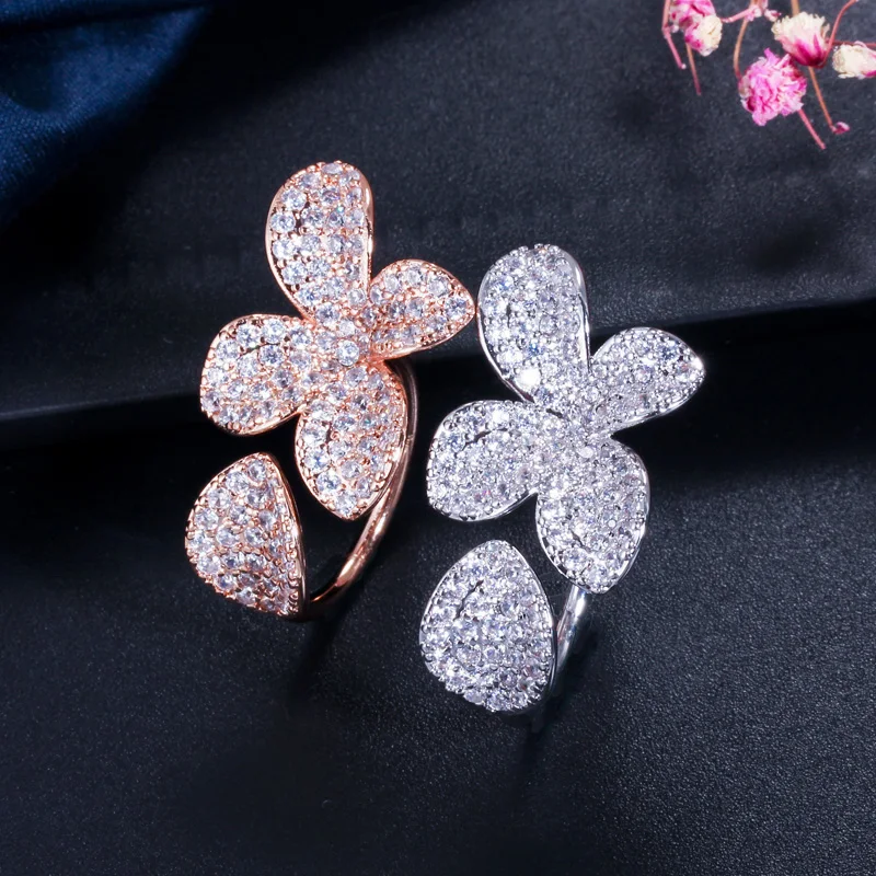 CWWZircons Adjustable Size Full Cubic Zirconia Rose Gold Color Flower Leaf Cuff Bangle Bracelet and Ring Sets for Women T071|Ювелирные