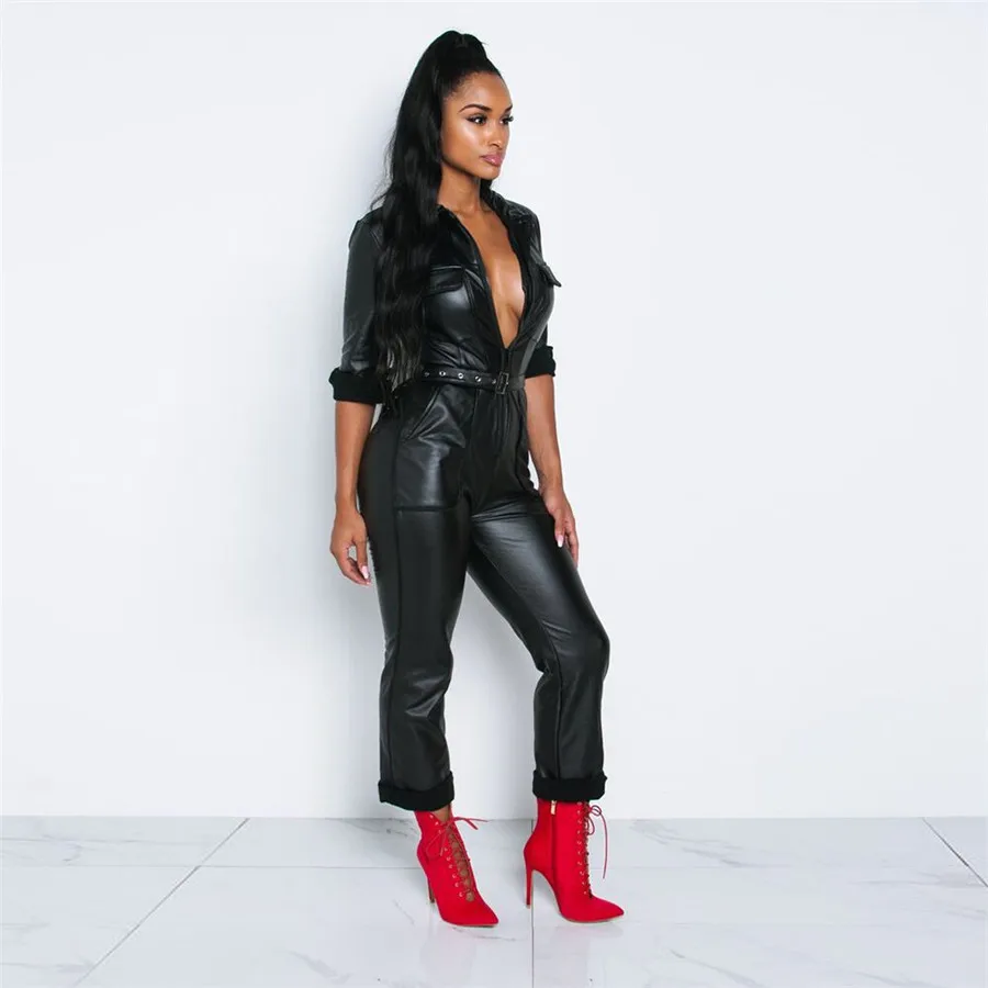 Hodisytian сексуальные комбинезоны для женщин Slim Fit боди из искусственной кожи