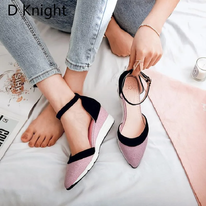 

2018 Spring Summer Women Shoes Fashion Ankle Strap Women Pumps Wedge Pointed Toe Patchwork High Heels Sandals Women Casual Shoes