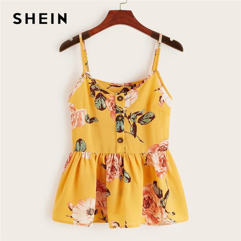 SHEIN многоцветный большой цветочный гофрированный подол Cami Top для женщин Лето кнопка спереди Регулируемый Спагетти ремень без рукавов Boho милые топы