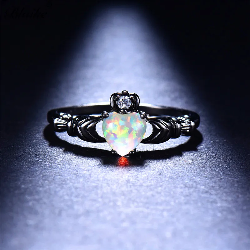 Blaike очаровательное кольцо с белым сердцем огненный опал Claddagh для влюбленных пар, модные ювелирные изделия из черного золота на палец с камнем для рождения