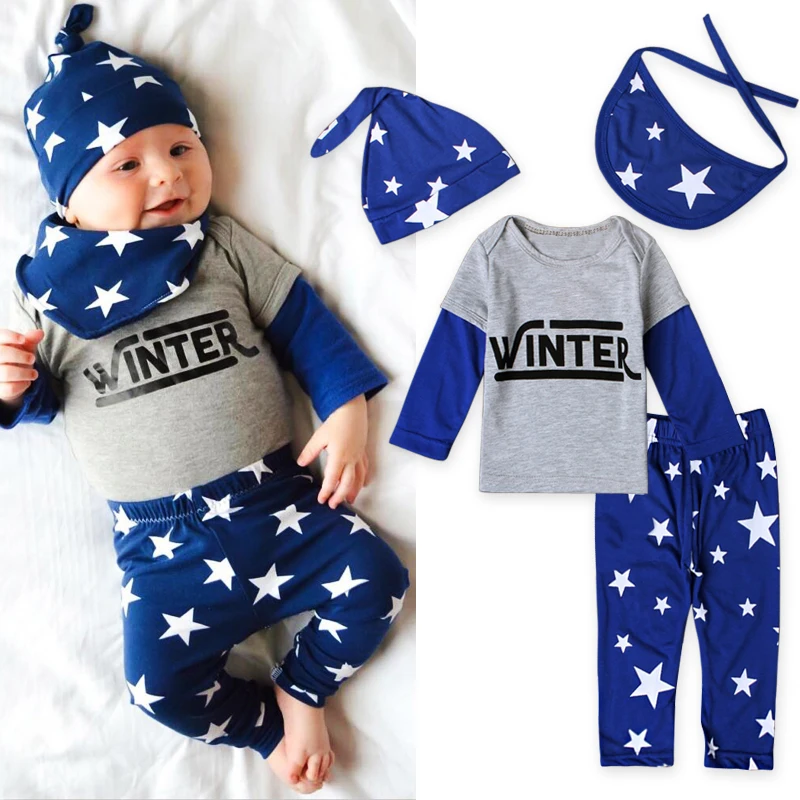 2016 Spring Autumn baby boy clothes casual 4pcs (Hat+Bib+ T-shirt+pants) The stars leisure boys clothing sets DS26 |