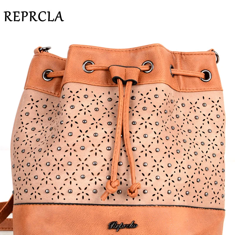 

REPRCLA Brand Designer Bucket Shoulder Bag Vintage Rivet Crossbody Bags for Women Messenger Bags Hollow Out Handbags Women Bags