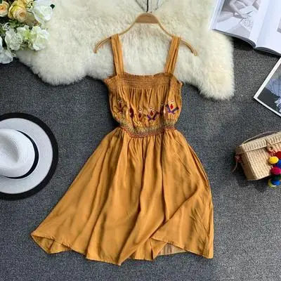 ALPHALMODA, новинка, богемное летнее платье с цветочной вышивкой, для женщин, для тяжелой работы, Вышитый Сарафан, Пляжное Платье - Цвет: Цвет: желтый