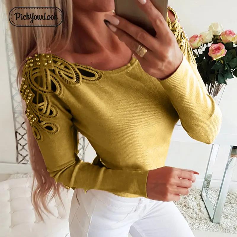 Pickyourlook трикотажные топы для женщин свитер выдалбливают осень жемчуг женский джемпер Трикотаж с длинным рукавом сплошной Дамы Трикотаж Blusas