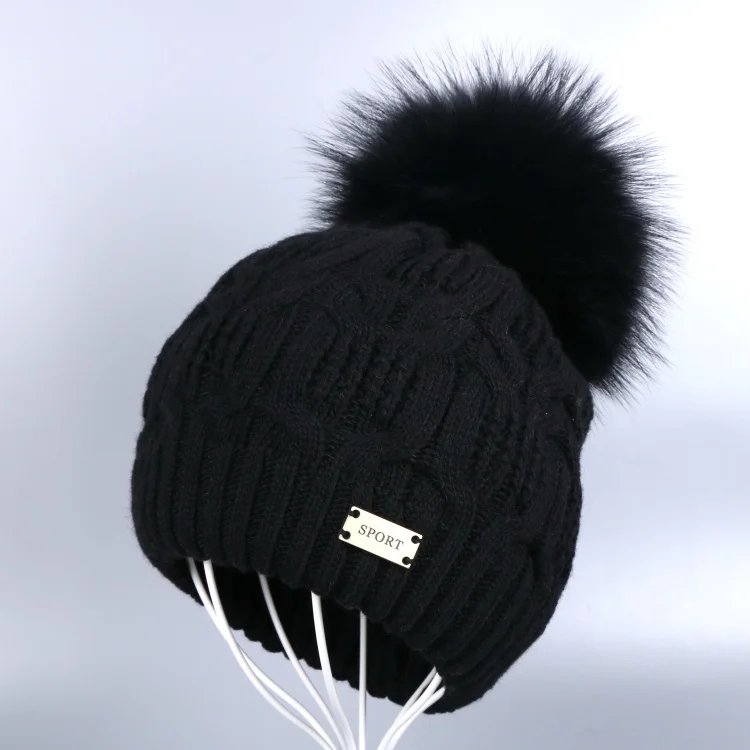 Mink Pom black hat Новинка, женская зимняя шапка с помпоном, кашемировая пряжа, плетеные шапочки с натуральным лисьим мехом норки, с помпоном, толстая, термальная, для женщин, девушек, skullies gorros - Цвет: Mink Pom black hat