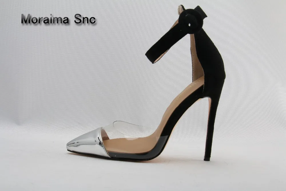 

Moraima Snc brand design women sandals women sliver Patent leather pointed toe pumps black suede buckle high heels sandals shoes