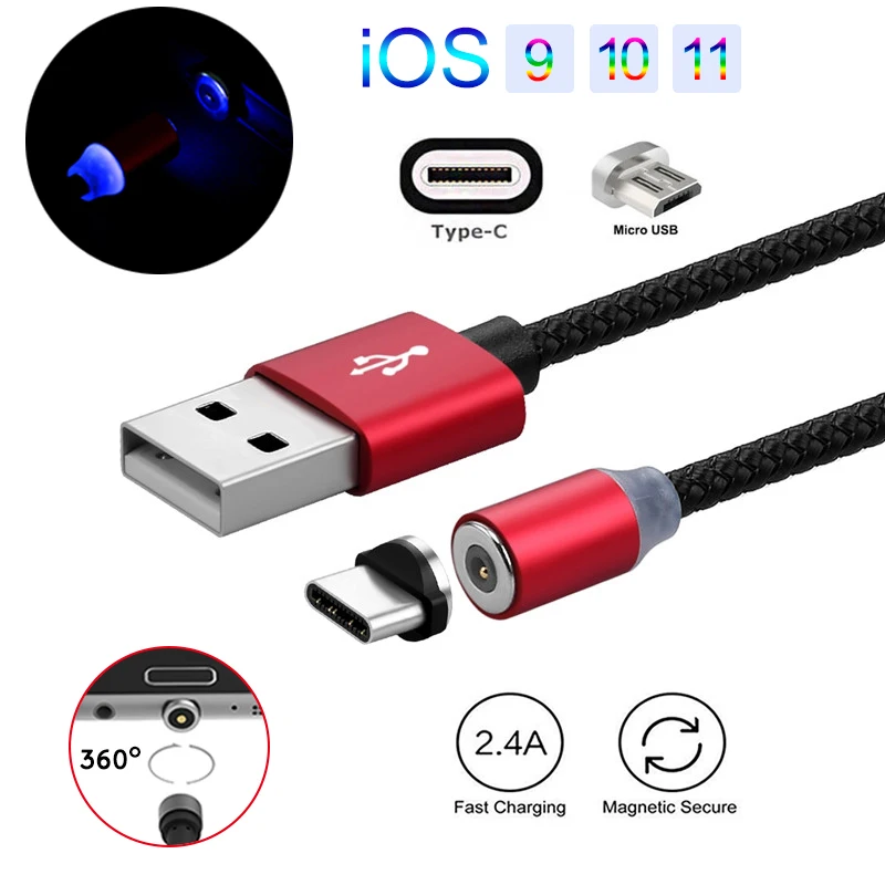 LED 360 градусов Круглый Магнитный адаптер USB Micro USB/Type C/IOS быстрое зарядное
