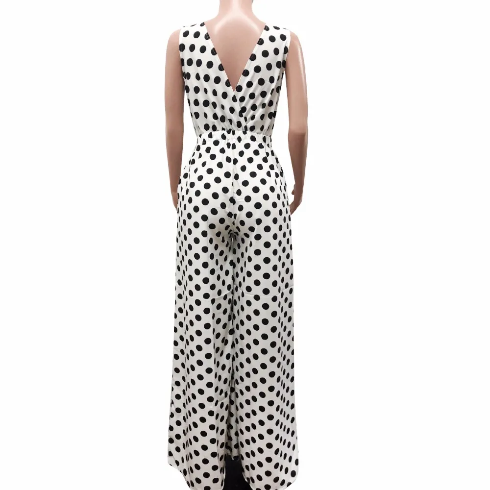 

HAOOHU Polka Dot Sexy Jumpsuit Summer New Overalls One Piece Deep-V Neck Wide Leg Pant Casual Rompers Backless Womens Jumpsuits
